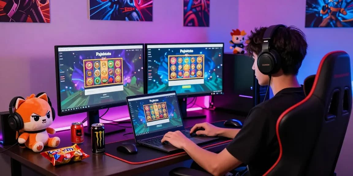 Pajaktoto login on dual monitors at a vibrant gaming setup with accessories.