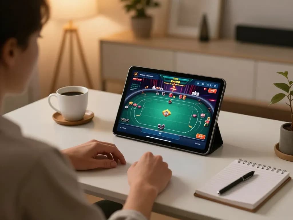 Engaged player at home using tablet for online gaming at nhà cái gg88, focusing on poker strategy.