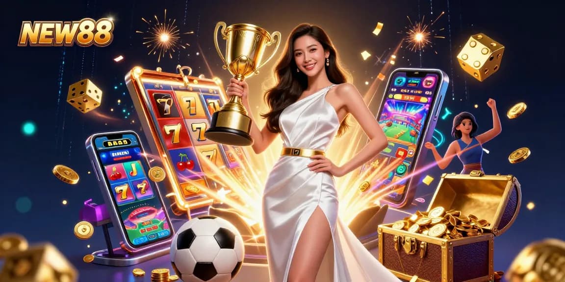 Experience thrilling gameplay in NEW88 with the stunning trophy and vibrant casino elements bursting around.