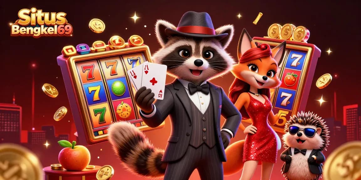 Engage with exciting gameplay at Situs Bengkel69 featuring dynamic slot reels, jackpot counters, and vibrant characters.