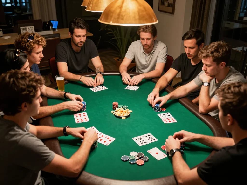 Enjoying a thrilling poker game night with friends at home while strategizing on rik vip.
