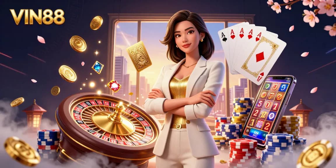 Experience exciting gameplay with VIN88, featuring a glamorous woman in a casino-filled environment.