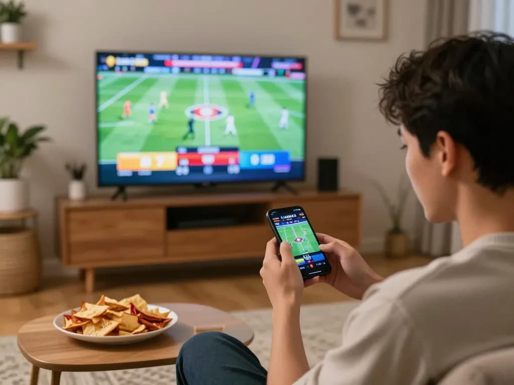 Person engaging in sports betting via Link SC88 on smartphone, cozy home environment, showcasing strategic gameplay.