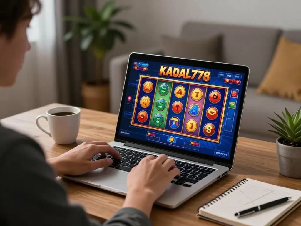 KADAL778 player engaging with colorful online slots in a cozy home setup, celebrating responsible gaming.