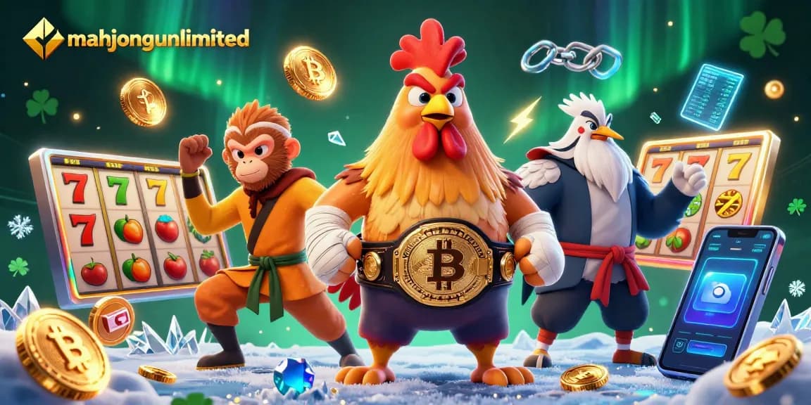 Experience exciting wins with mahjongunlimited's vibrant slot games featuring roaring characters and neon crypto elements.