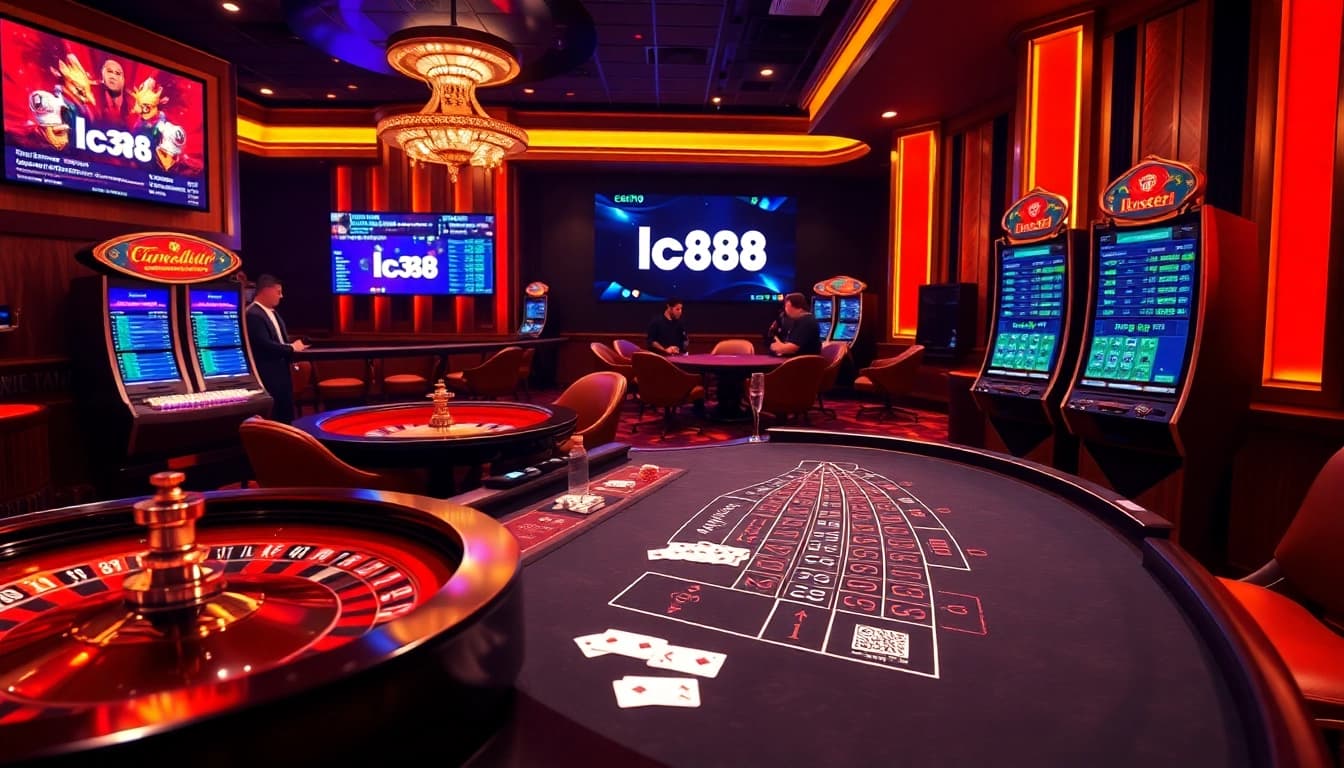 Experience thrilling gameplay at LC88 with dynamic casino elements like cards, chips, and roulette wheels.