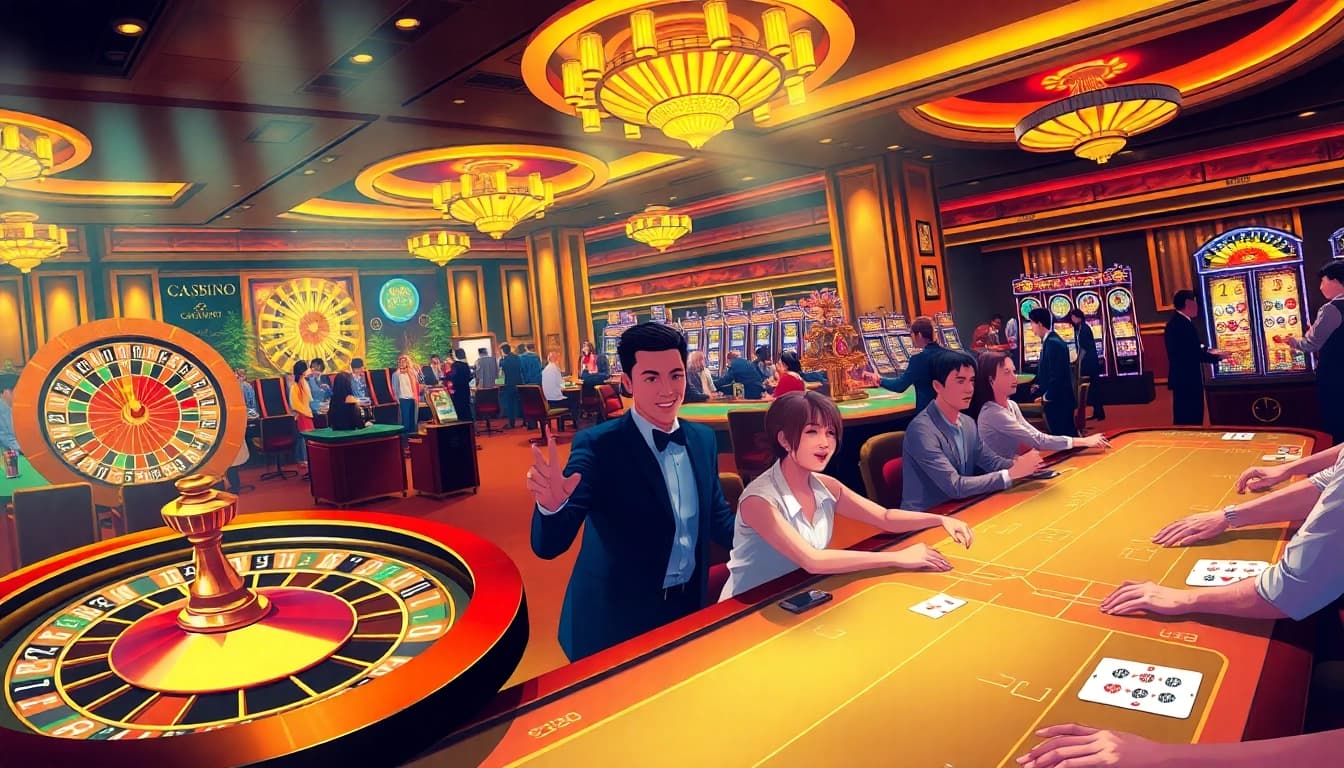Players enjoying a thrilling game at 13Win’s luxurious casino tables with vibrant atmospheres.