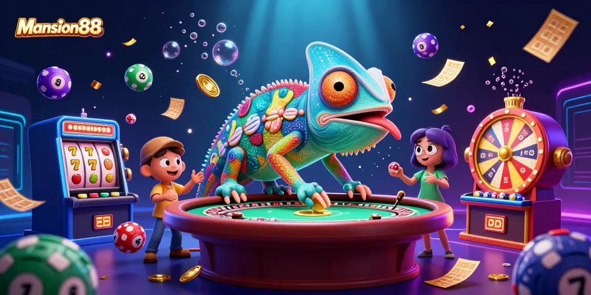 Mansion88 offers vibrant jumping lottery balls and golden bingo cards amid a dynamic casino scene.