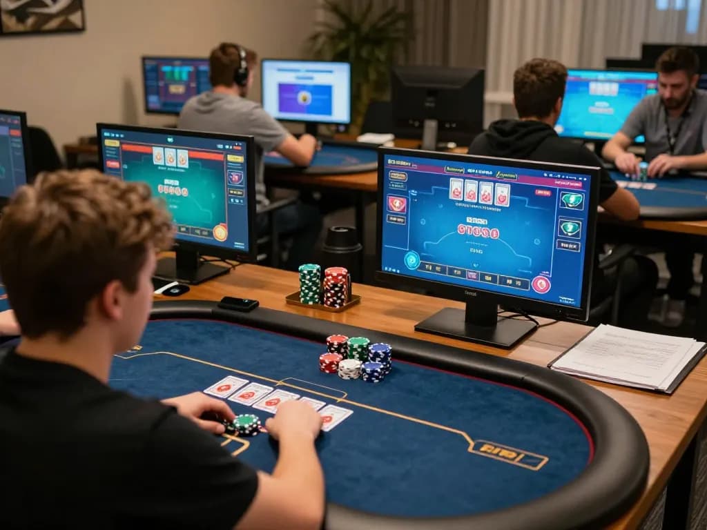 Engage in strategic online poker gameplay with LGOGOAL, showcasing colorful interfaces and focused players.
