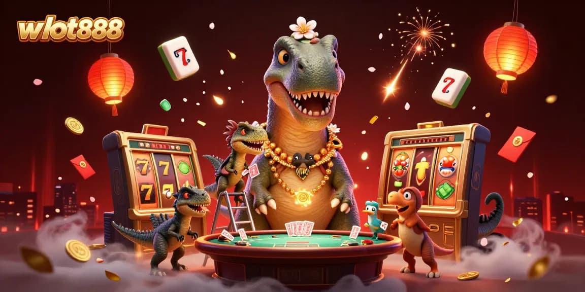 Menggandakan keseruan taruhan di wslot888 dengan brontosaurus 3D yang mengawasi permainan kartu dan simbol perjudian yang berkilau.
