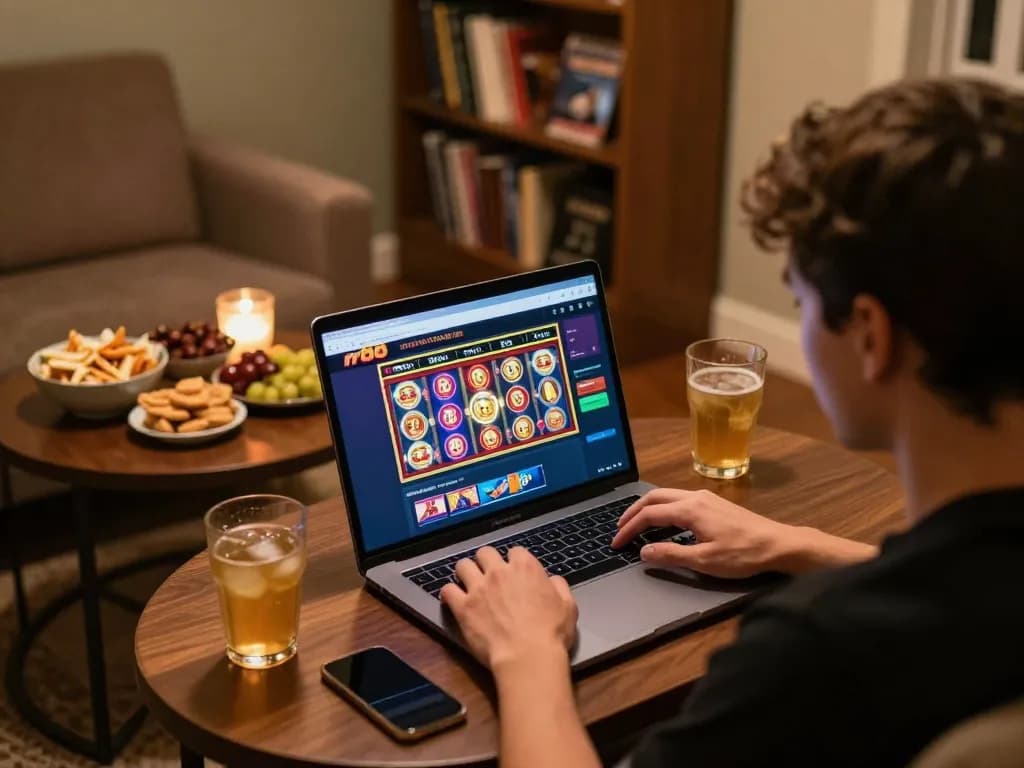 Player immersed in rr88 online casino gaming at home, laptop with vibrant slot graphics visible.