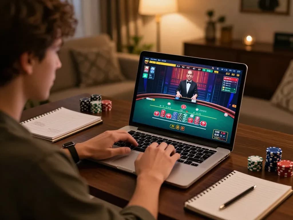 Engaged player using laptop for online casino gaming showing Miễn trừ trách nhiệm policy