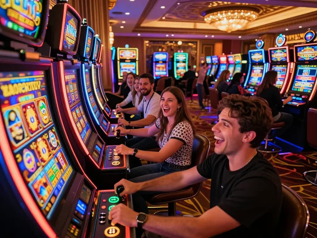 Player celebrating a big win on a link slot machine in a vibrant casino environment.