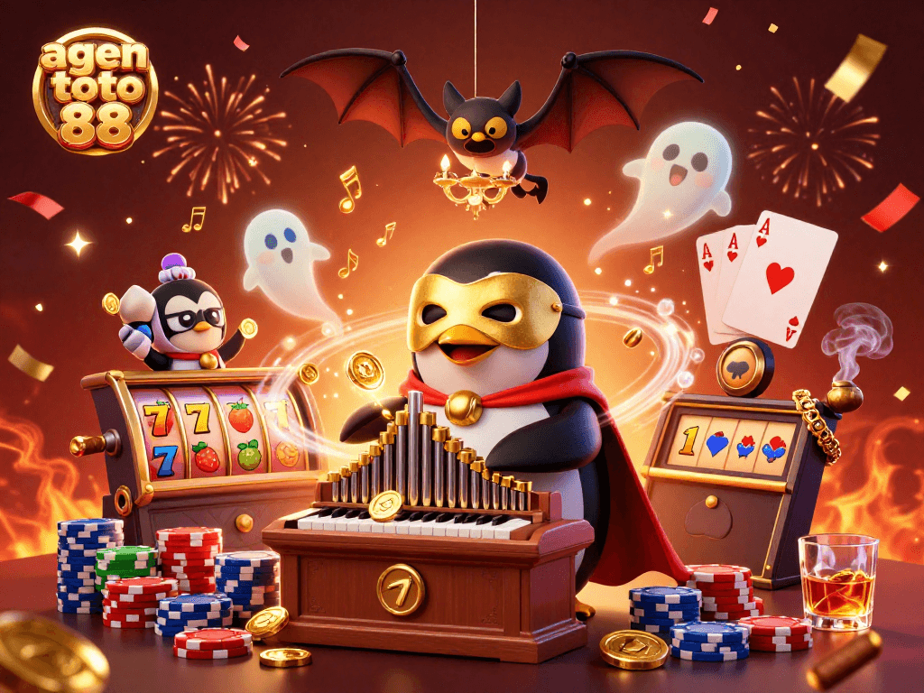 Engage with agents at agen toto 88 as a penguin plays organ, surrounded by vibrant casino elements.