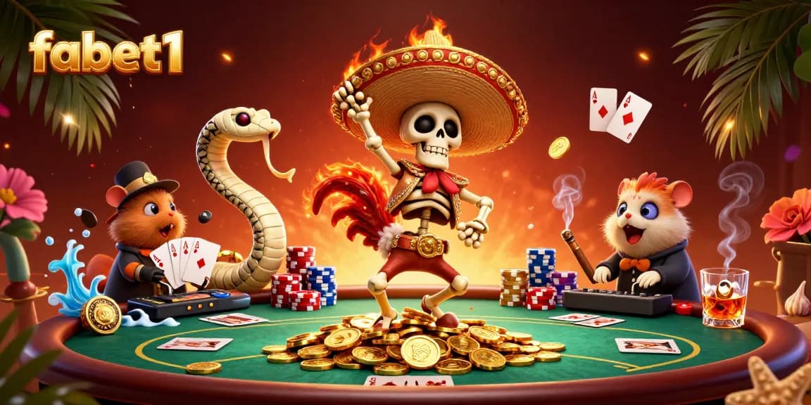 Fabet1's celebration of poker with vibrant casino-themed characters and elements.