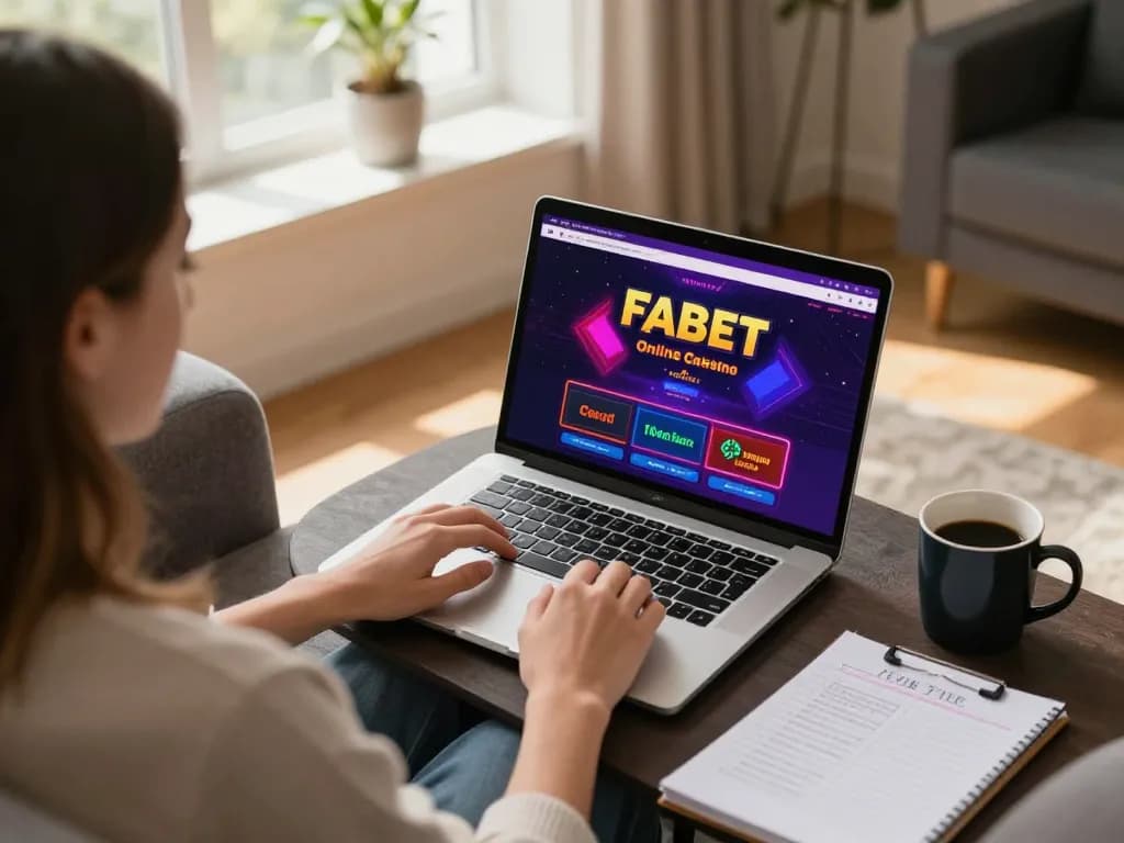 Player engaging in online gaming at FABET casino with strategic notes visible, cozy atmosphere.