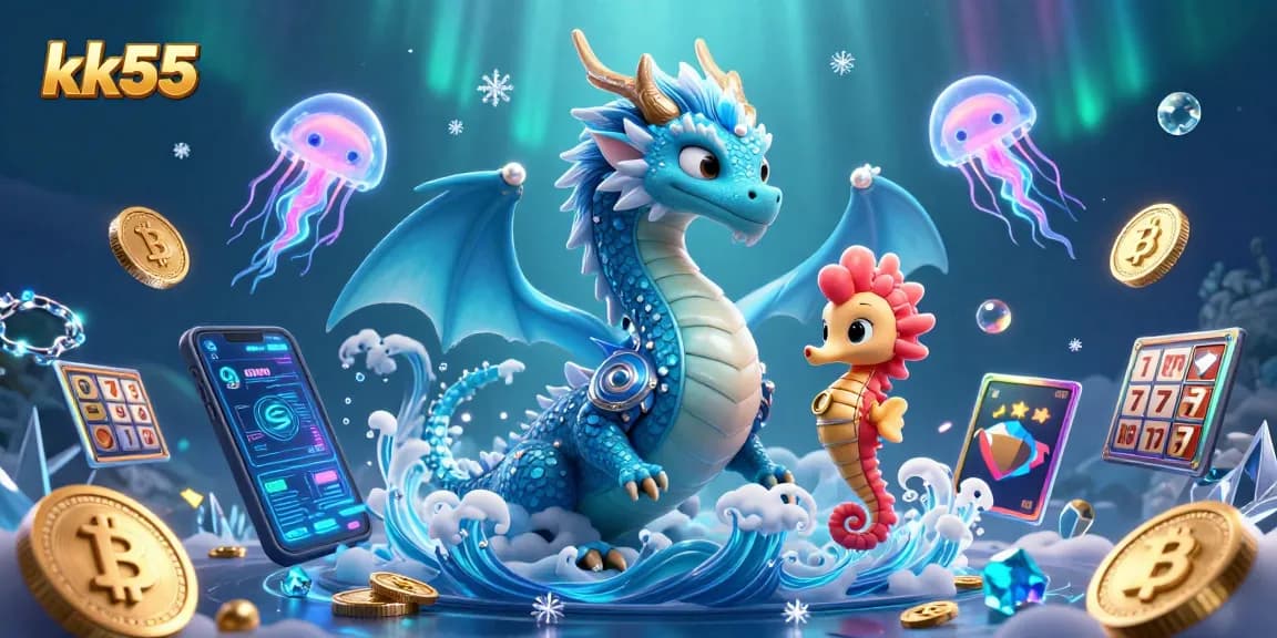 Experience thrilling gameplay with kk55 as the azure dragon, seahorse knight, and glowing jellyfish surround Bitcoin and Ethereum coins.