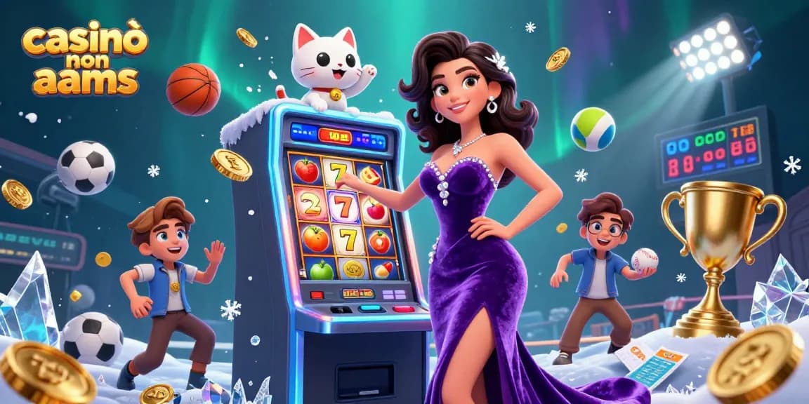 Casinò non aams con una donna glamour accanto a una macchina da jackpot con elementi sportivi.