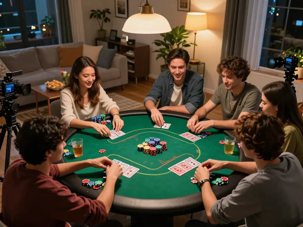 IDCASH88 gaming session with friends at home poker night featuring cards and colorful chips.