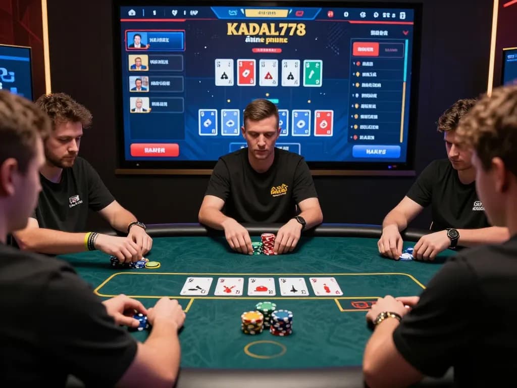 KADAL778 players engaged in strategic poker gameplay, analyzing hands and betting on an advanced gaming interface.