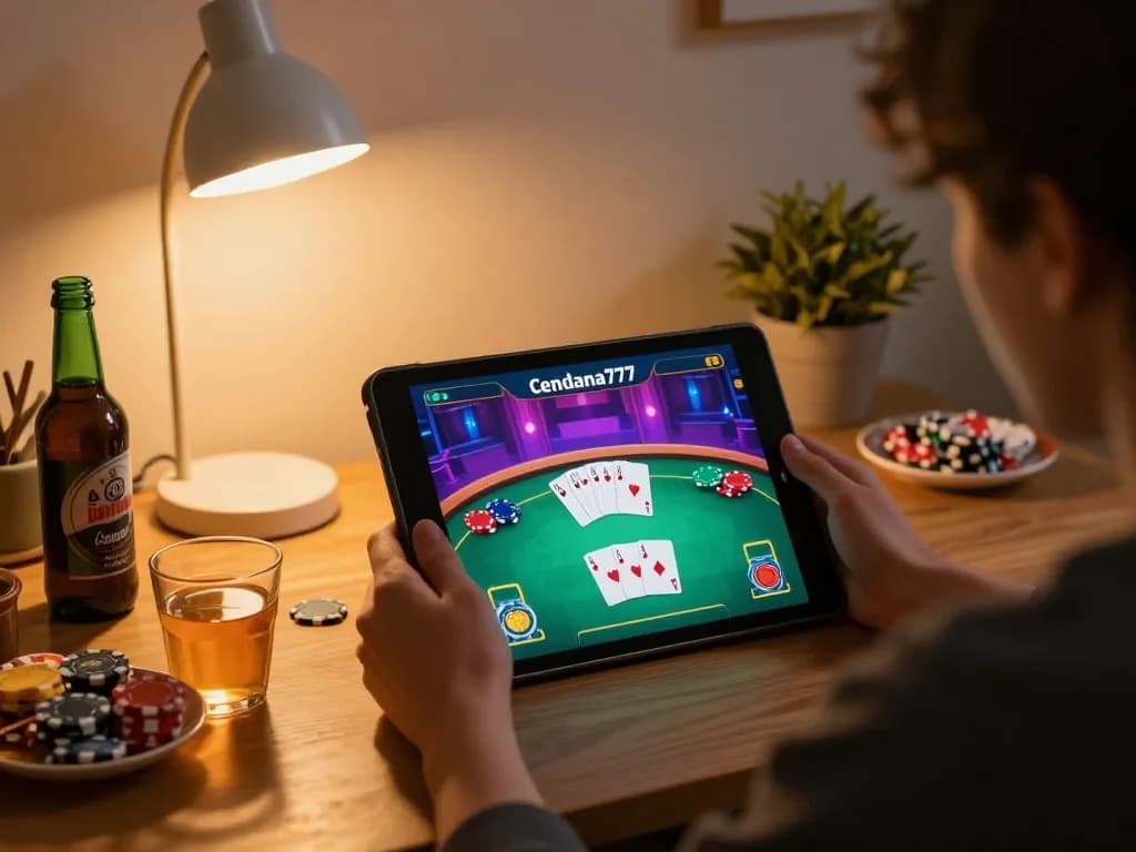 Cendana777 login in action with a user engaged in online gaming on a tablet in a cozy home setting