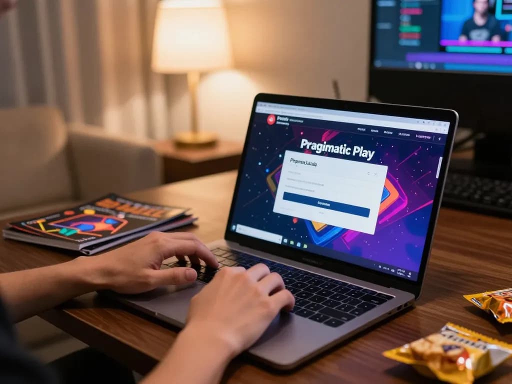 Engaging in friendly gameplay using the Pragmatic Play Login on a laptop, capturing a welcoming home office atmosphere with strategic elements.