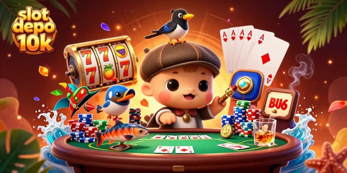 Experience slot depo 10k excitement with playful characters, colorful slot reels, and poker elements.