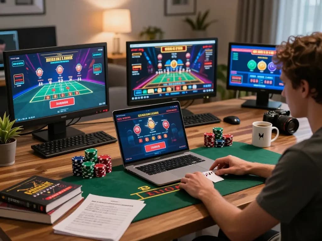 Player strategizing for MM 99 blackjack on a laptop with live dealer, cozy home setup.