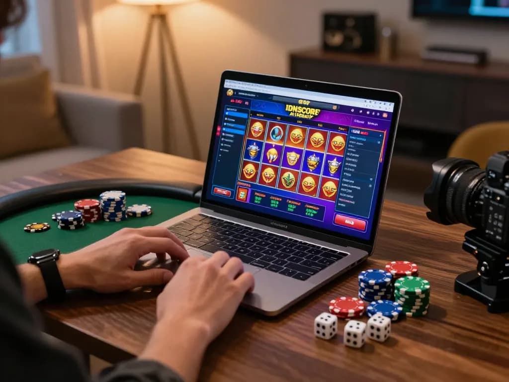Engaging scene with IDNSCORE ALTERNATIF online slot game interface displayed on laptop, showcasing strategic gameplay.