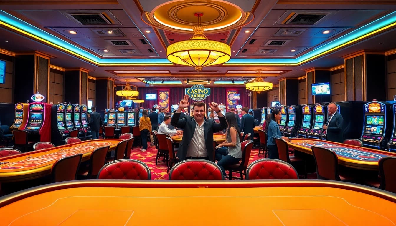 Permainan di kasino https://mscomplexsystems.org/wccs24/ dengan mesin slot cemerlang dan pemain yang antusias.