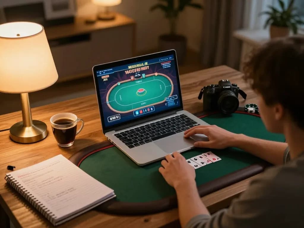 KJC player strategizing during an online poker game at home, showcasing focused concentration.