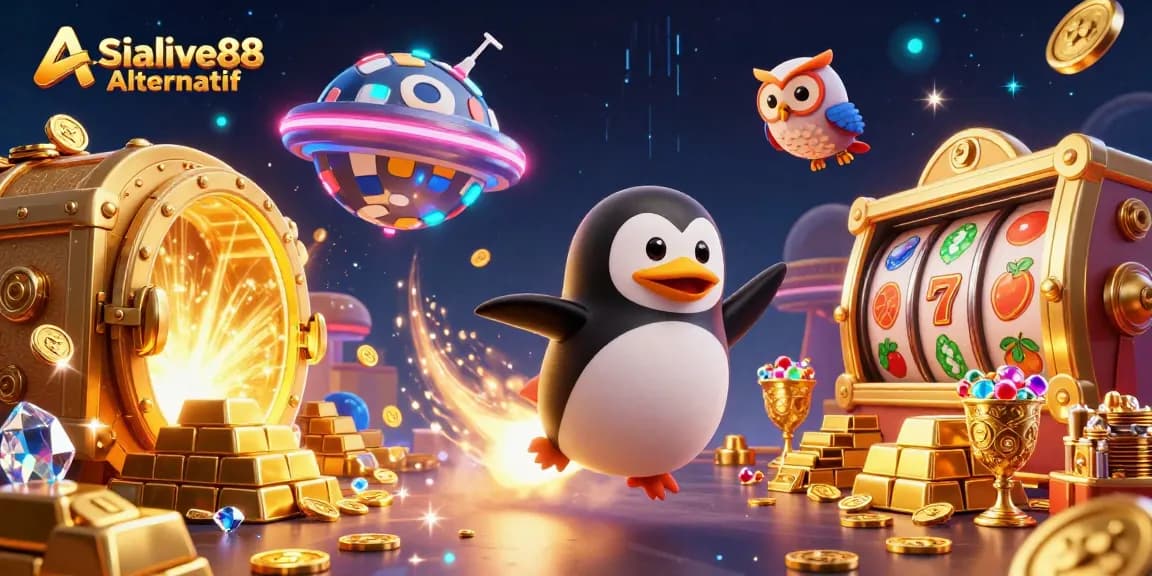 Engage in thrilling action with Asialive88 Alternatif, where a golden penguin leads the way to jackpot slots and casino treasures.