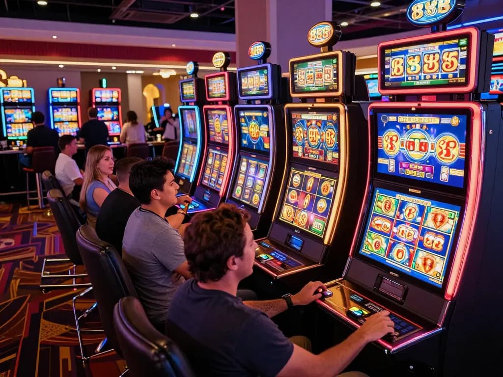 Players enjoying Slot88 gaming machines on a lively casino floor, celebrating wins and engaging.