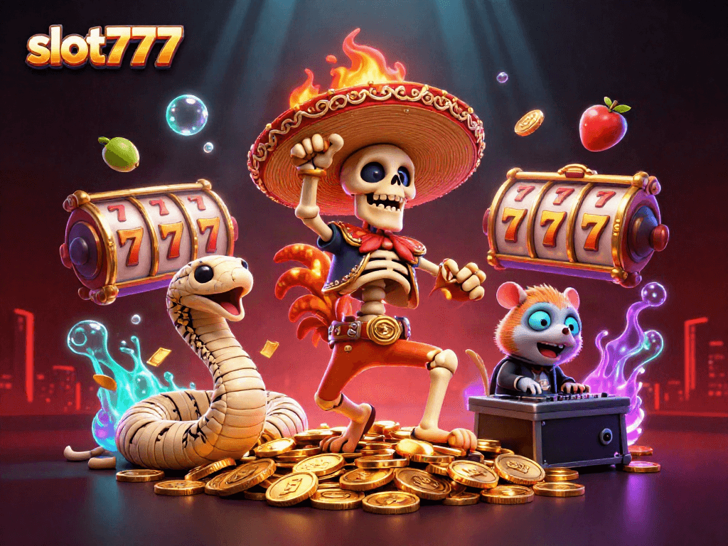 Engage with slot777, featuring a vibrant scene of a skeleton mariachi rooster, lucky symbols, and a lively DJ.