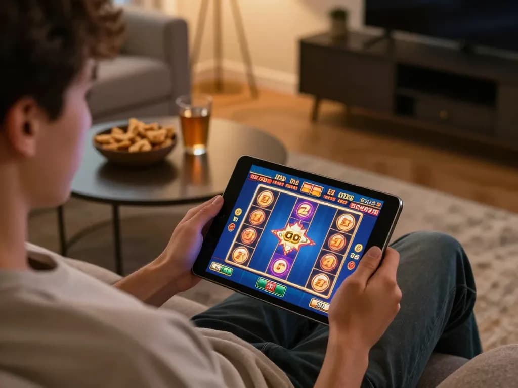 C168 player enjoying a vibrant online slot game on a tablet in a cozy home setup.