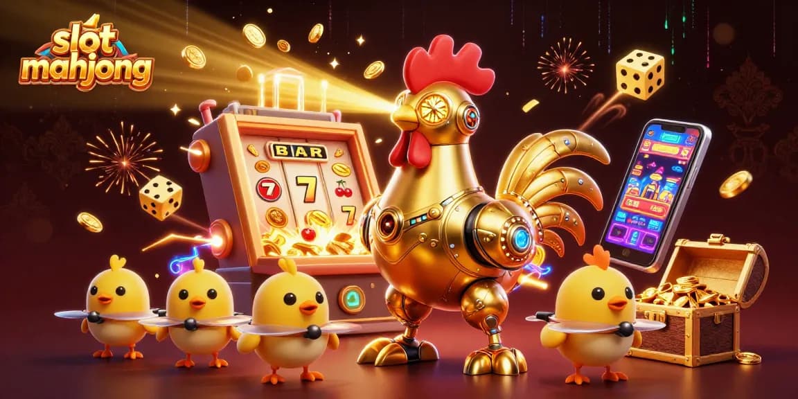 Experience thrilling slot mahjong action with a 3D illustration of a golden rooster robot and baby chick drones.