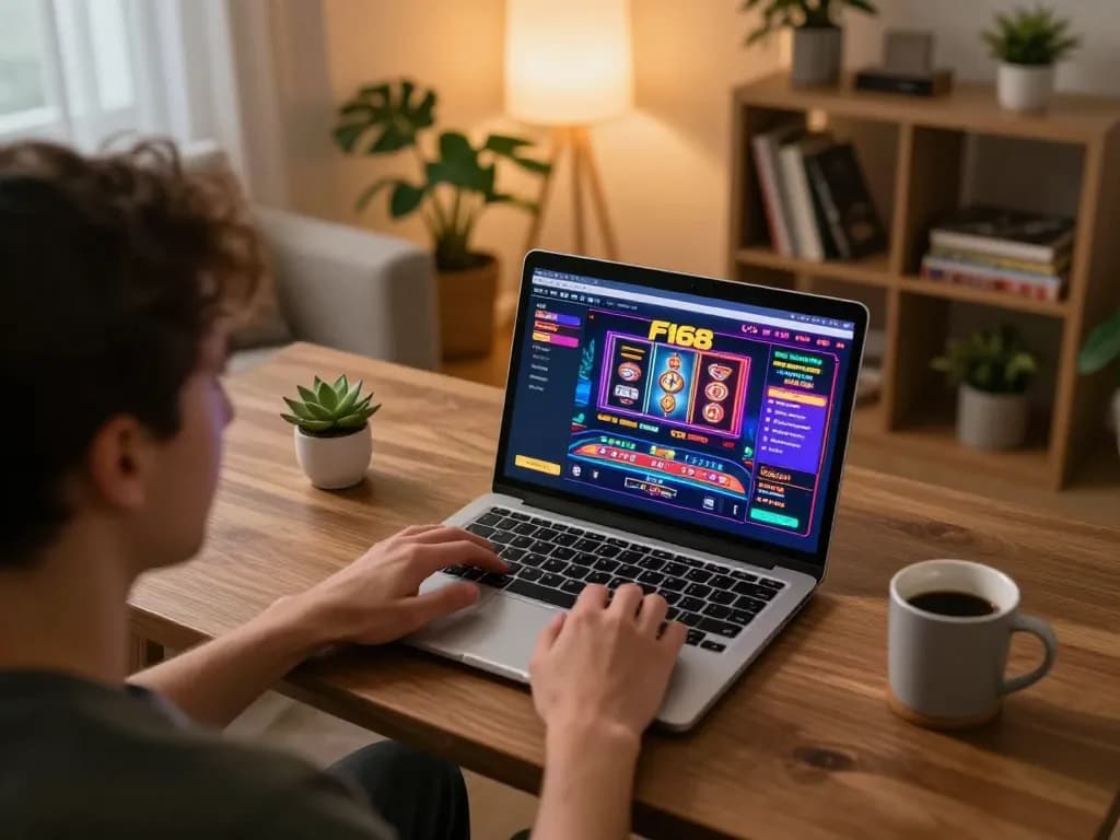 Engaging with the F168 platform in a cozy home setting while playing slots online.