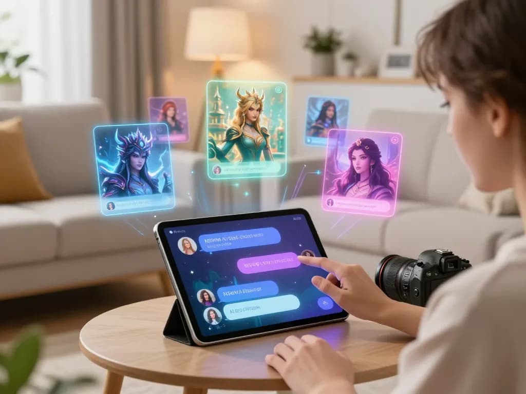 Engaging AI sex chat experience with a customizable chatbot in a cozy living room setting.