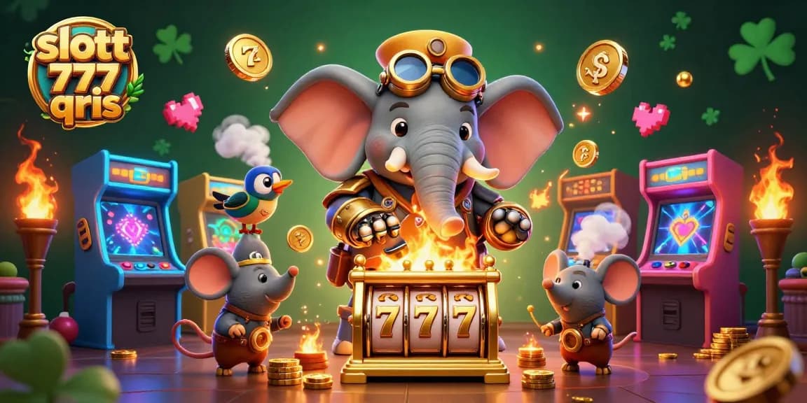 Experience big wins with slott 777 qris in a vibrant, action-packed cartoon illustration of a steampunk elephant engineer and his gaming companions.