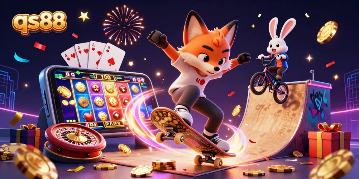 Experience qs88 excitement with a skateboarder fox and BMX-riding rabbit in a vibrant casino scene.