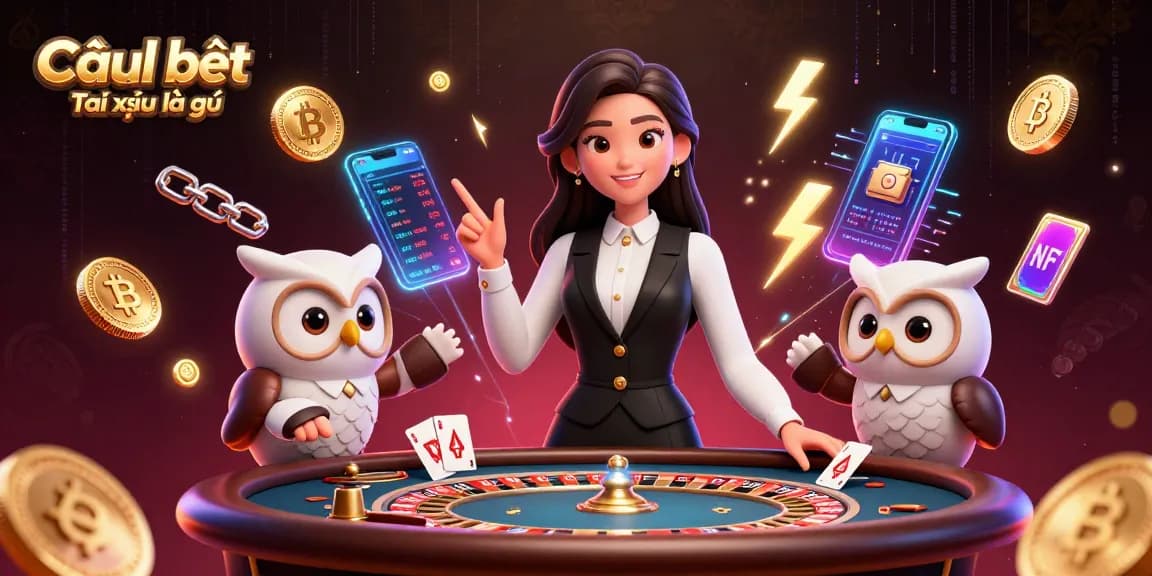 Cầu bệt Tài xỉu là gì illustrated with a woman dealer and cartoon owl amidst casino elements