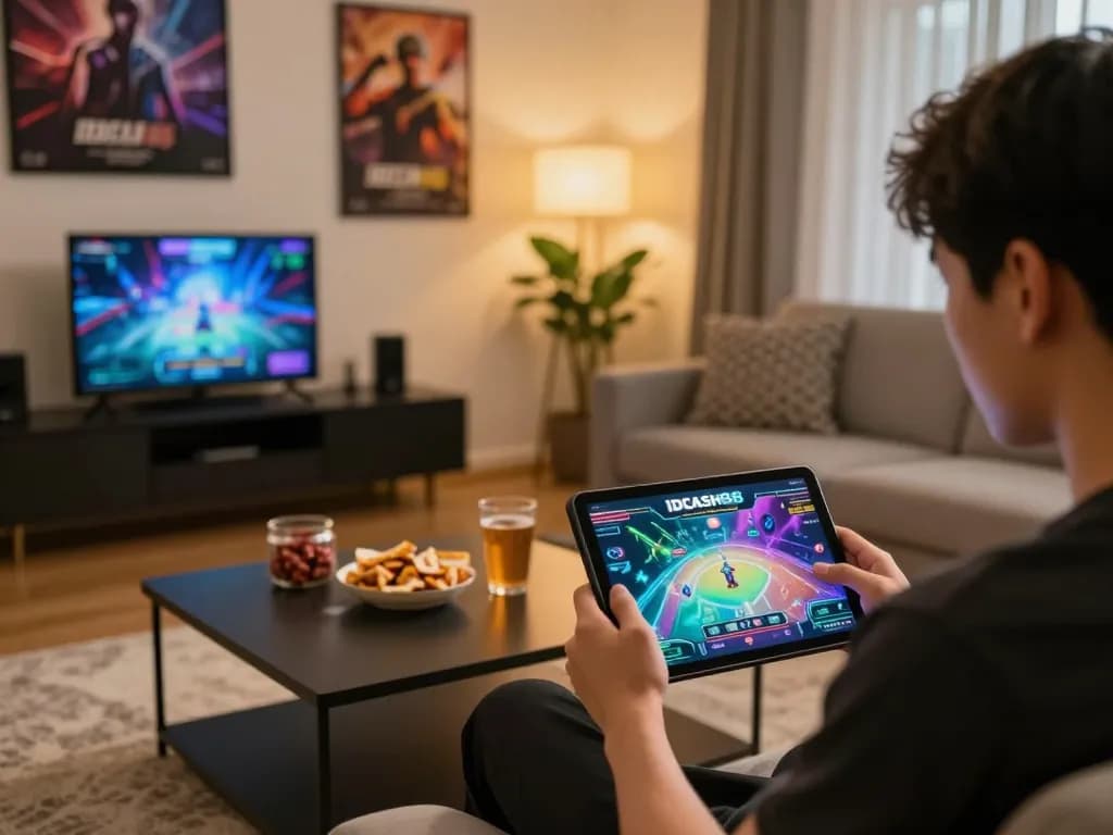 Engaging gameplay on IDCASH88 revealed on a tablet in a cozy home setting with snacks.