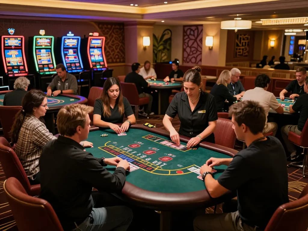 Experience the thrill of Live Casino gameplay with players engaged at blackjack tables in a vibrant atmosphere.