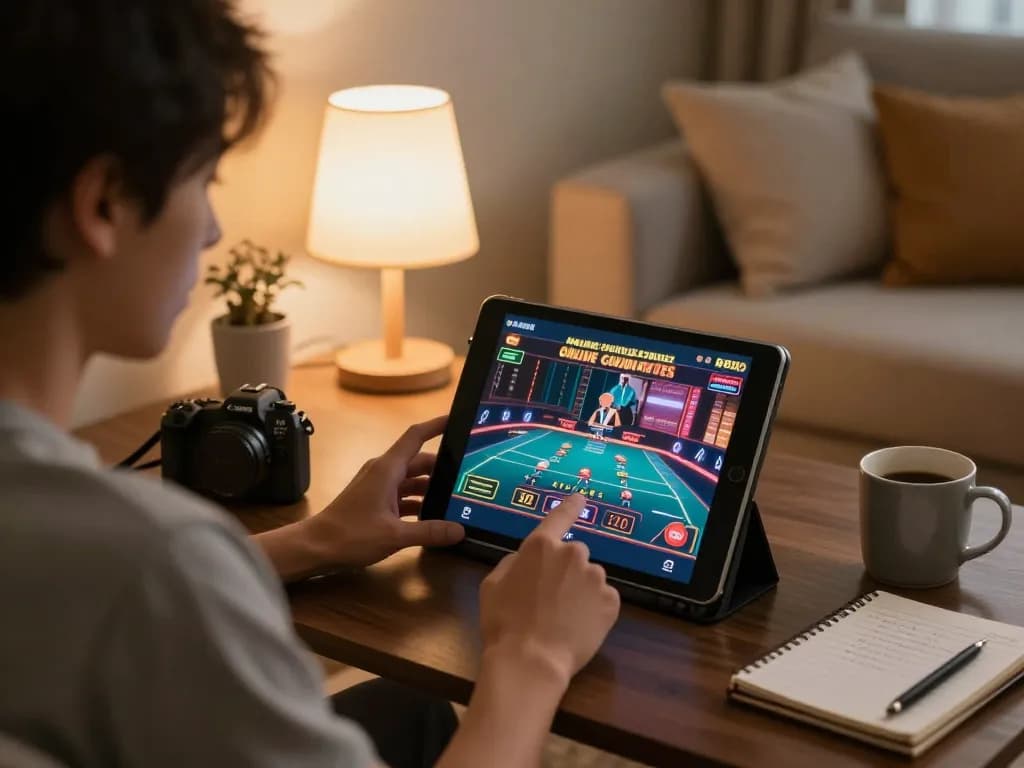 Player engaging with ko66 online casino on a tablet in a cozy home setting