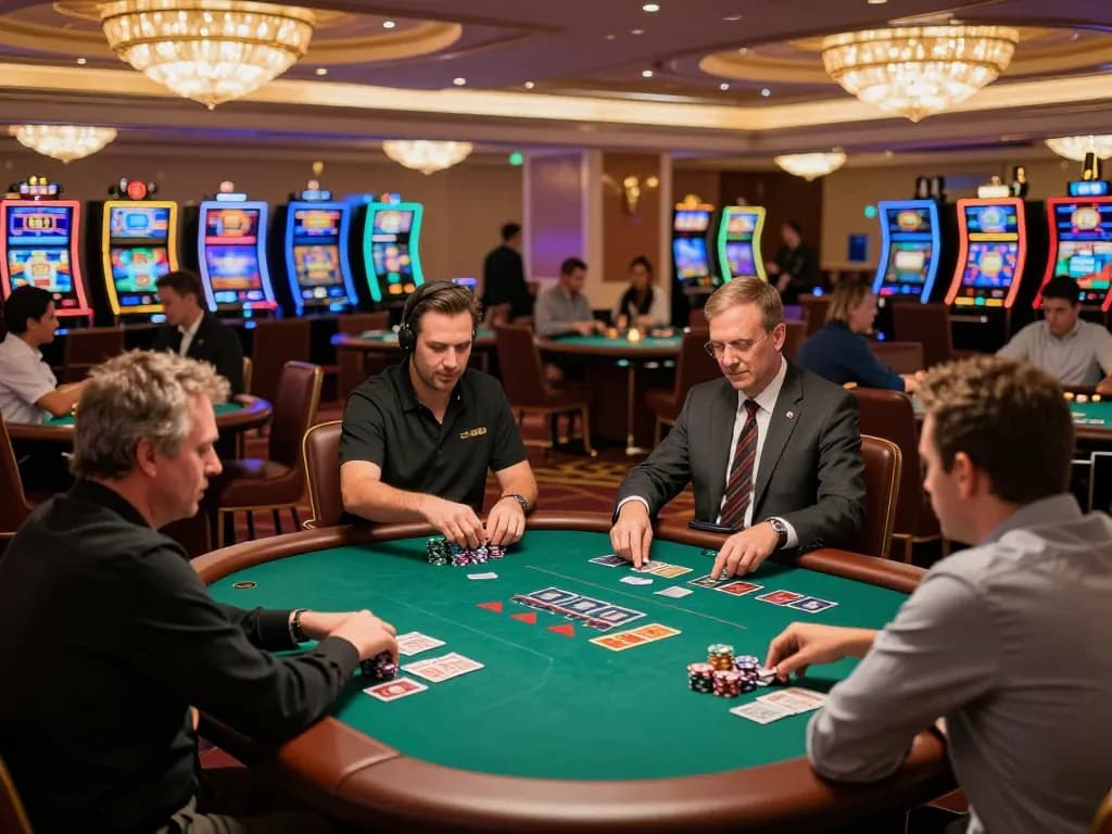 Players engaging in dynamic gameplay at GO8's luxurious casino tables, showcasing vibrant gaming atmosphere