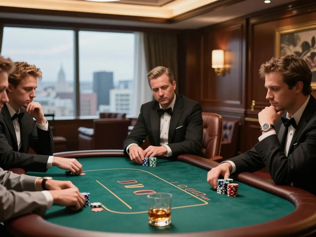 Players engaging in a high-stakes poker game at a luxurious VIP table, showcasing mb88slot strategy.