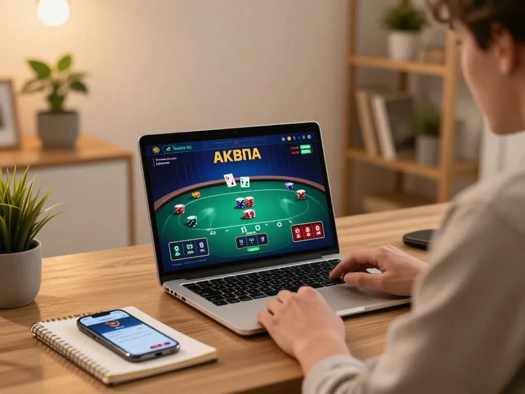 Engaging poker gameplay with 888VI displayed on a laptop in a cozy home office.