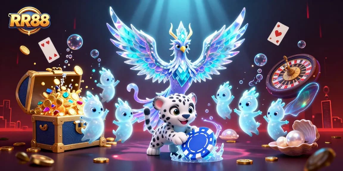 Experience RR88's vibrant online atmosphere with an ice phoenix, playing cards, and gold treasures.