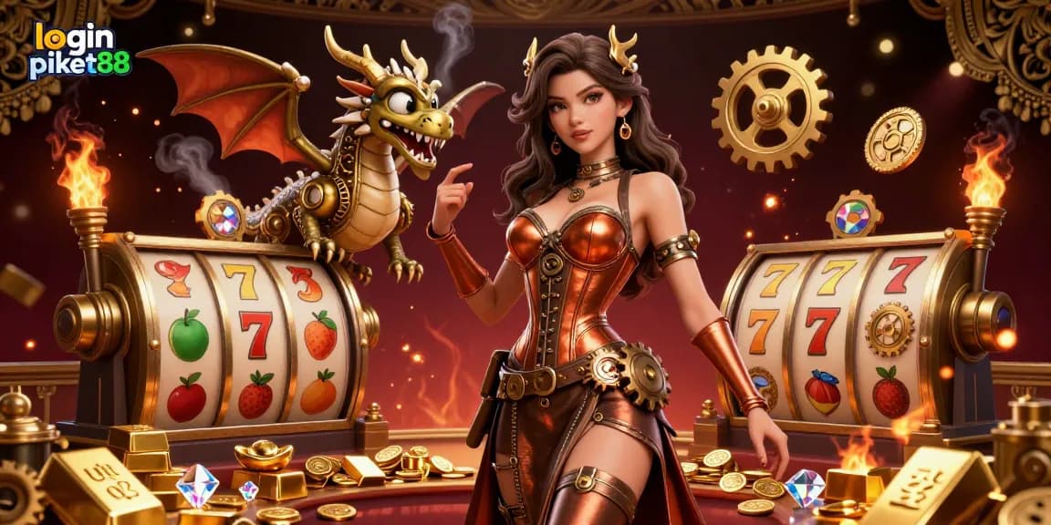 Experience the excitement of login piket88 with a rich visual of a casino scene featuring slot reels and treasure, enhancing your gaming journey.