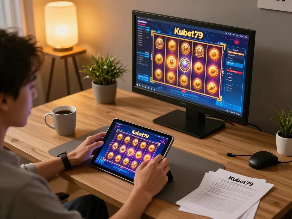 Kubet79 player enjoying strategic slot games on a tablet in a cozy home setup.